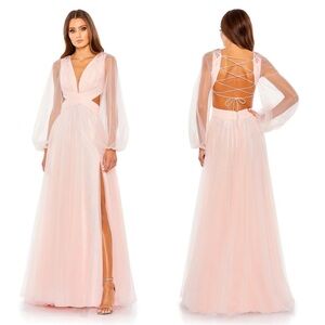 Mac Duggal 70174 Tulle Sheer Long Sleeve Cut Out Lace Up A-Line Gown Size 8